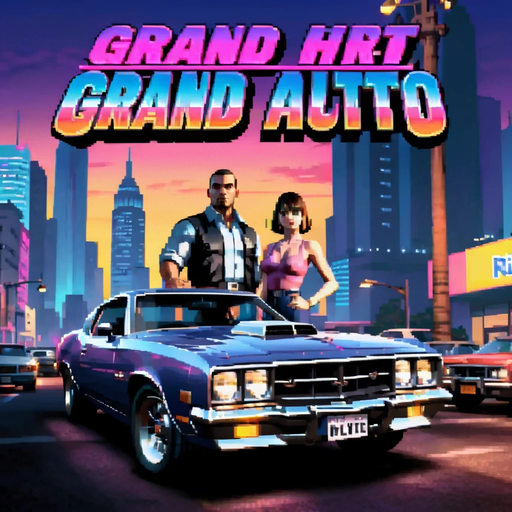 Create a vibrant title screen for a video game called 'Grand Theft Auto VI' in a city pop style. The image features a classic muscle car, gleaming under neon lights. In the foreground, a man and a woman exude a cool, confident aura, dressed in stylish, late 20th-century fashion. The cityscape in the background buzzes with life, illuminated by the glow of neon signs and streetlights, capturing the essence of city pop aesthetics. Bold, stylized text reading 'Grand Theft Auto VI' dominates the upper half of the image, while at the bottom, in a contrasting yet complementary font, the words 'Press Any Key' invite interaction,<lora:gbaplay_title:0.75>,