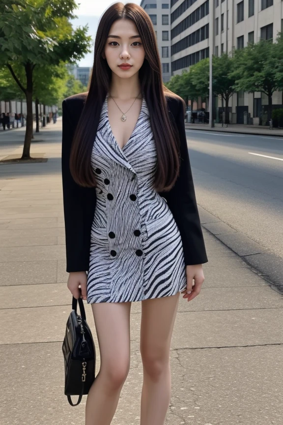 1woman, long hair, realistic, masterpiece, high detailed skin, looking at viewer, outdoor view, solo, full body shot
<lora:Zebra_Jacket_Dress_By_Stable_Yogi:1>zebra print, jacket, short dress, button