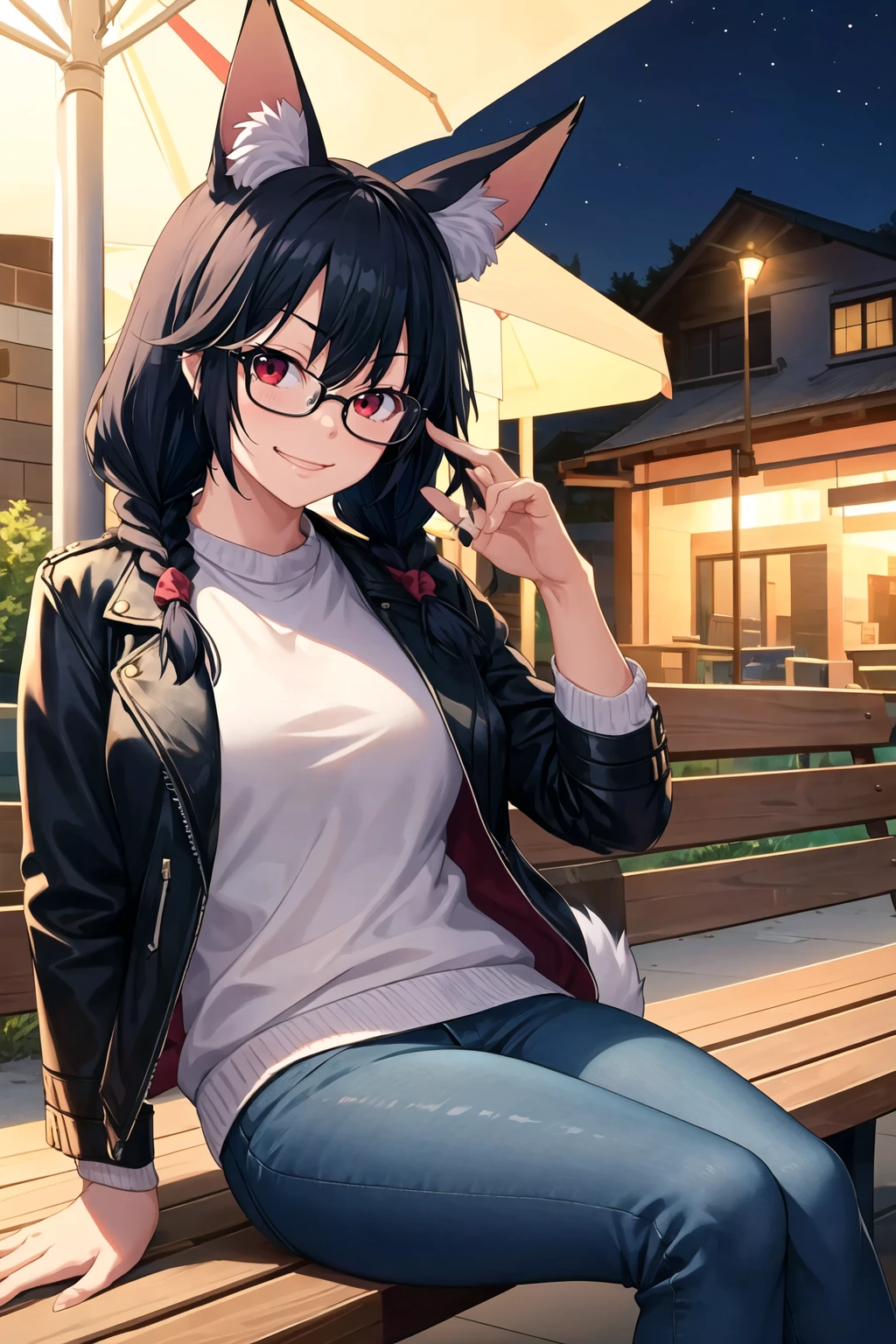 1girl, solo, sidelocks, twinbraids, (black hair), red eyes, smug, smirk, glasses, sitting, bench, partk, at night, long hair, white sweater, leather jacket, (black jacket:1.2), fox girl, fox ears, fox tail, jeans, black tail, <lora:itou-life-Style_897416:1>