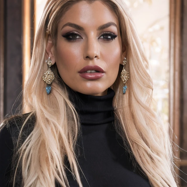 (masterpiece:1.2), (best quality,:1.2), 8k, HDR, ultra detailed, ((photorealistic)), professional light, cinematic lighting, fashion photography, ambient lighting, face lighting, Bridgette, <lora:Bridgette-10:1.1>, earrings, choker, necklace, messy and long blonde hair, dark makeup, dynamic pose, looking at viewer, ((portrait shot)), full lips, lipstick, OverallDetail, ffacedetail,<lora:detail_slider_v4:2>, turtleneck pullover
