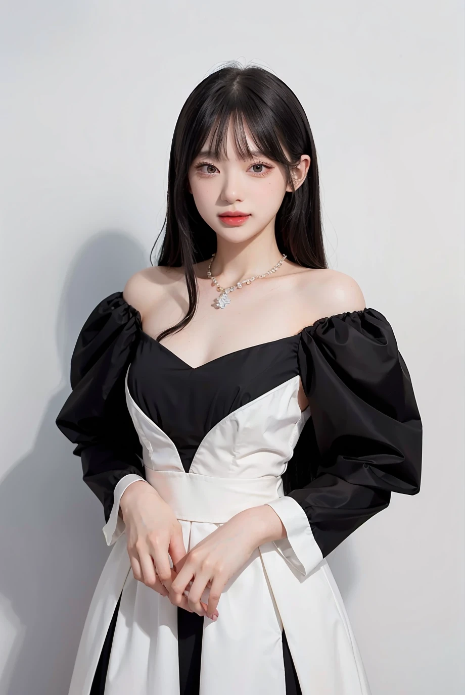 1girl, black formal long dress,white background, <lora:jannineweigel-04:1>