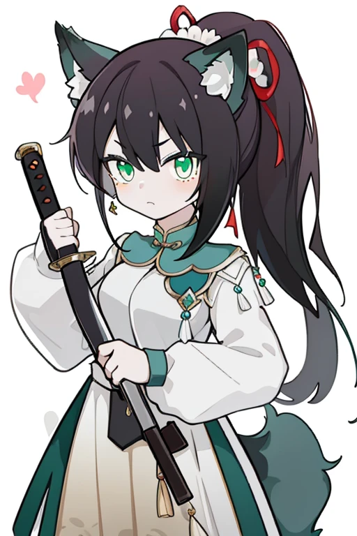 xialuling, 1girl, animal ears, weapon, solo, sword, tail, unsheathing, sheath, long hair, green eyes, ponytail, black background, shaded face, looking at viewer, wolf ears, holding, holding weapon, simple background, holding sword, wolf tail, holding sheath, hair ornament, long sleeves, flower, black hair, katana, <lora:xialuling_lion-0000010:0.8>,