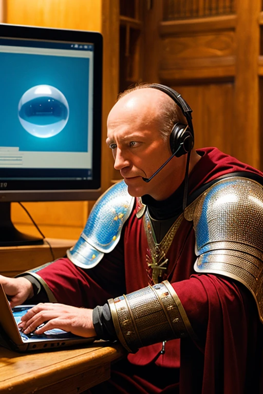 GTv2,A confused knight holding a laptop, consulting with a wizard tech support agent about a crystal ball, set in a medieval castle.,