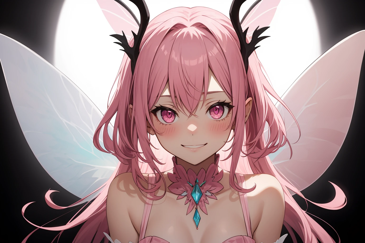 1 girl, pink hair, portrait, cowboy shot, Fairy wings, symmetrical wings, Ambient lighting, Pink fairy outfit, pose, pink eyes, slight grin, shy,(blush:0.75)