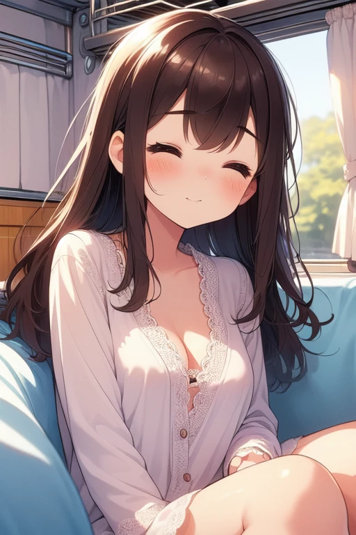 (((masterpiece))),  (((best quality))),  ((close eyes)),  ((train roomette)),  (((girl side lying on large bunk bed))),  white lace pajamas,  wooden wall,  cleavage,  big tits,  ribbon,  brown longhair,  shy,  blush,<lora:EMS-255644-EMS:1.000000>