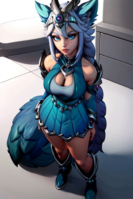 masterpiece,best quality,extreme detail,8k,image sharpness,<lora:io:0.8>, io2,1girl,solo,long hair,breasts,looking at viewer,bangs,blue eyes,skirt,large breasts,dress,animal ears,cleavage,bare shoulders,medium breasts,standing,tail,full body,braid,boots,detached sleeves,alternate costume,shiny,hand up,nail polish,clothing cutout,blue dress,from above,