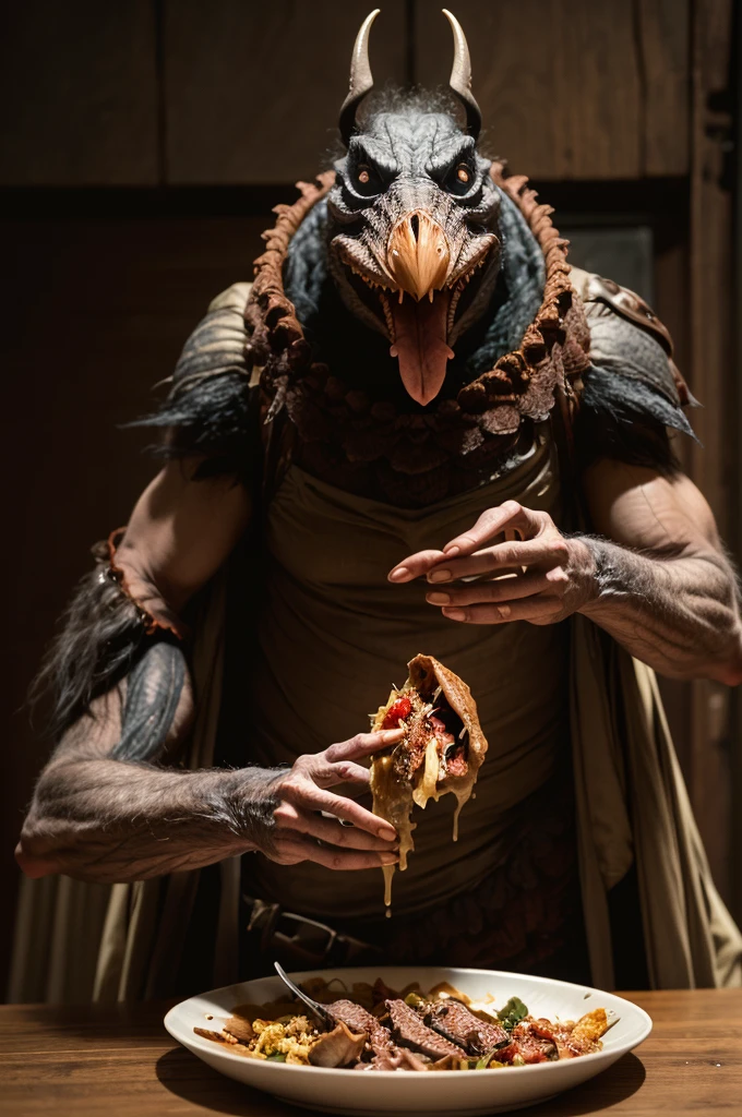 skeksil, a chunky skeksis eating a gross meal, open mouth, saliva, sidelit, gorey, <lora:Skeksis:1>