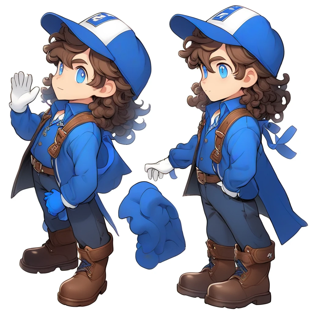 solo, male, blue eyes, long wavy curly brown hair, blue overhauls, brown boots, white gloves