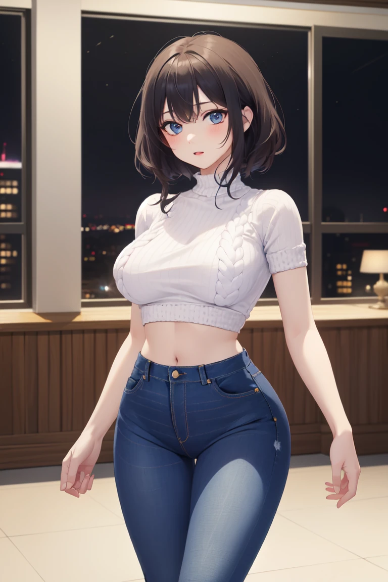 masterpiece,best_quality,indoors,detailed_background,modern_interior,night,1girl,solo,upper_body,dynamic_pose,looking_at_viewer,(Knit_cropped_top:1.4),(High-waisted_flared_jeans:1.3),