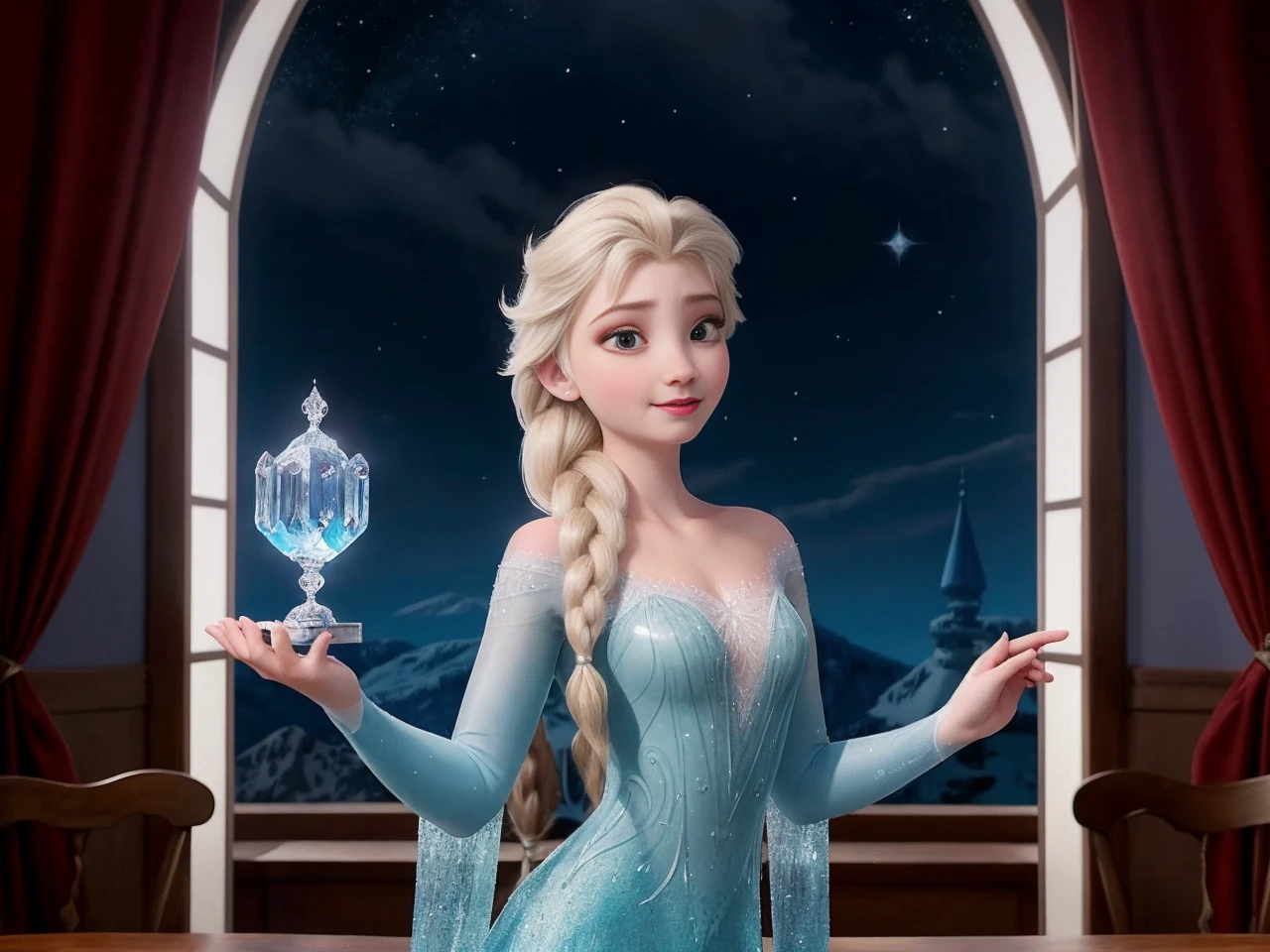 breathtaking Frozen a Engrossing 19 year old girl,(elsa-frzn:1.1), in castle dining room,single braid hair, ecstatic, nightgown , <lora:elsa-frzn-v1.1-000003:0.9> . Animated, fairytale, ice magic, highly detailed . award-winning, professional, highly detailed