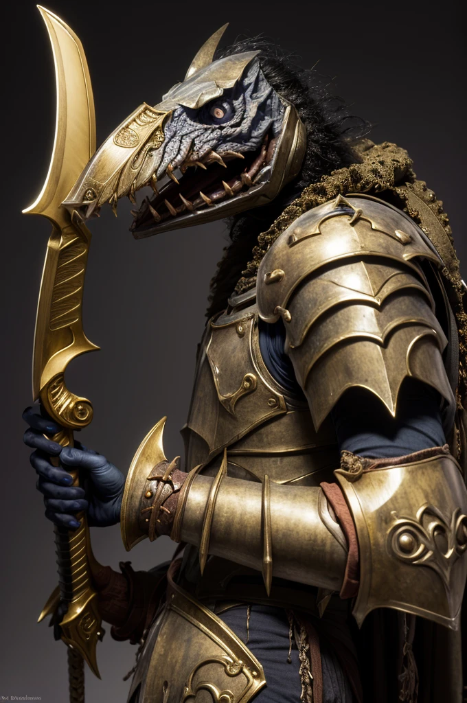 skeksil, skeksis with sharp teeth smiling wearing golder armor and sword, side view <lora:Skeksis:1>
