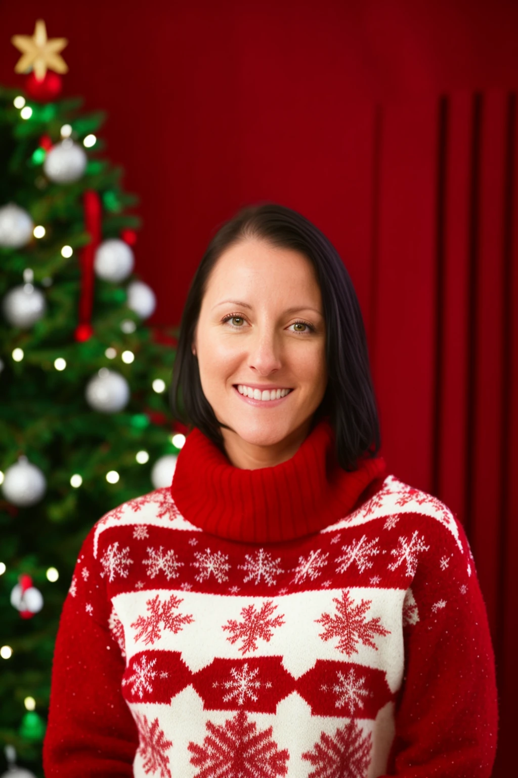 <lora:AmberClare:1.15> portrait of amberclare, red wool christmas sweater, turtleneck, christmas theme, snowflakes, christmas tree, night