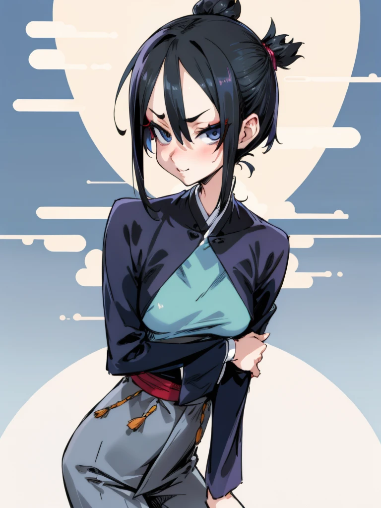 <lora:asanagi-12:1>Slacks, chonmage, two-tone hair, short hair, hair flaps, smug, leaning forward, small breasts, skinny, masterpiece, best quality