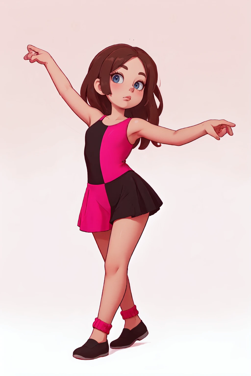 (Masterpiece:1.4), (high quality:1.2), (best quality:1.2), 1girl, solo, standing, <lora:TwoToneBlackPinkDress_v1:0.7>, looking at viewer, hands on hips, tw0t0nebl4ckp1nkdr3ss, dress, skirt, dancing