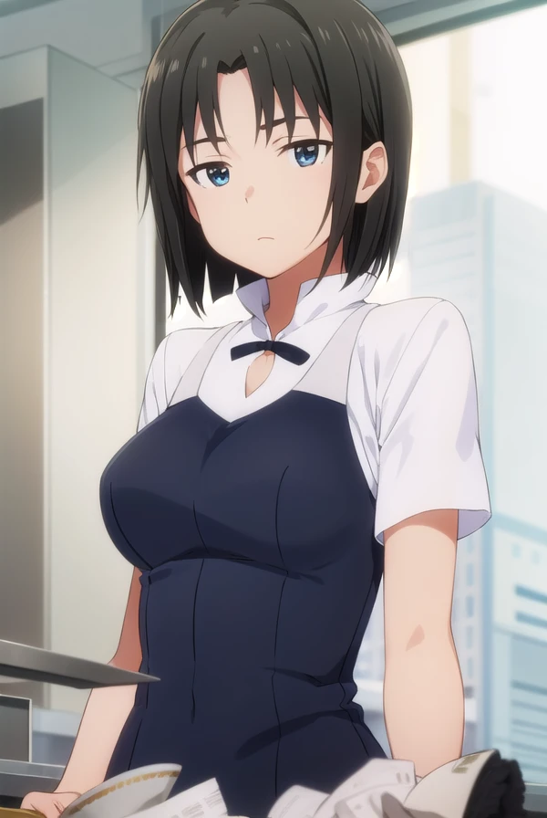 kyoukoshirafuji, <lora:kyouko shirafuji s2-lora-nochekaiser:1>,
kyouko shirafuji, short hair, black hair, (black eyes:1.5),
BREAK apron, waitress,
BREAK indoors, restaurant,
BREAK looking at viewer, (cowboy shot:1.5),
BREAK <lyco:GoodHands-beta2:1>, (masterpiece:1.2), best quality, high resolution, unity 8k wallpaper, (illustration:0.8), (beautiful detailed eyes:1.6), extremely detailed face, perfect lighting, extremely detailed CG, (perfect hands, perfect anatomy),