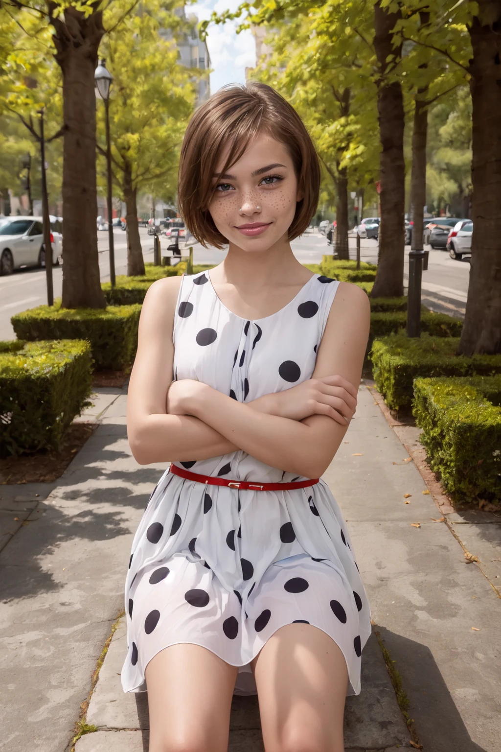 (Masterpiece:1.4), (high quality:1.2), (best quality:1.2), 1girl, solo, polka dot dress, wh1tep0lkadr3ss, <lora:White_PolkaDot_Dress_v1:0.7>, sitting, high heels, crossed legs, outdoors, park, crossed arms, short hair