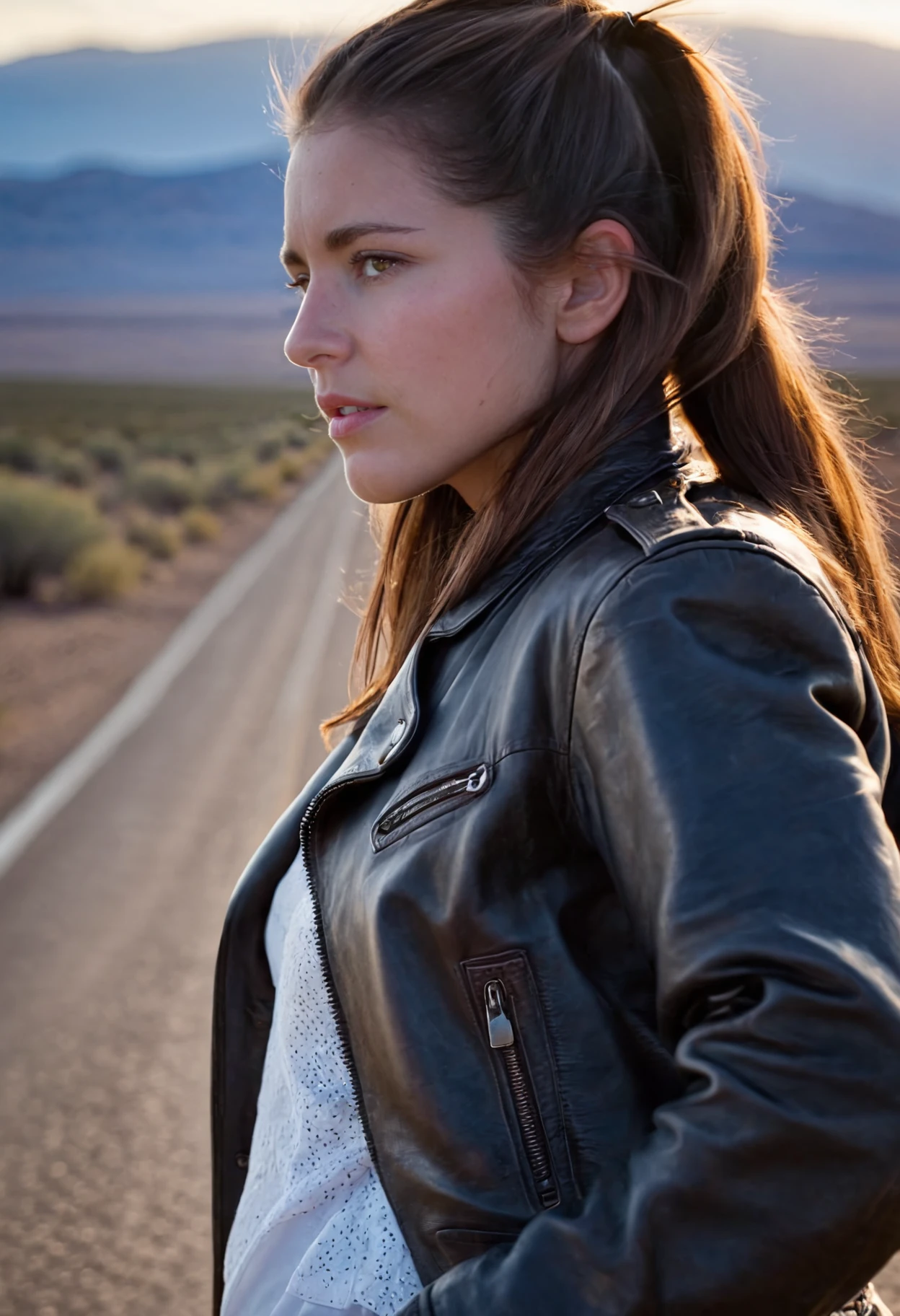 cinematic film still <lora:TawneeStone_SDXL_v1.0:1> a ((ohwx woman)) as A lone figure stands at the edge of a deserted road, dwarfed by the vast expanse of the desert, the sun beating down, a worn leather jacket slung over their shoulder, a look of determined resilience on their face, a telephoto lens capturing the isolation, a deep depth of field, a sense of rugged individualism, (close-up), (strong), a tale of survival and perseverance, echoes of a classic western movie, profile, looking out towards the horizon, (face focus), (windblown hair), (resolute), (eyes fixed), half-closed eyes, central composition, from below. . shallow depth of field, vignette, highly detailed, high budget, bokeh, cinemascope, moody, epic, gorgeous, film grain, grainy