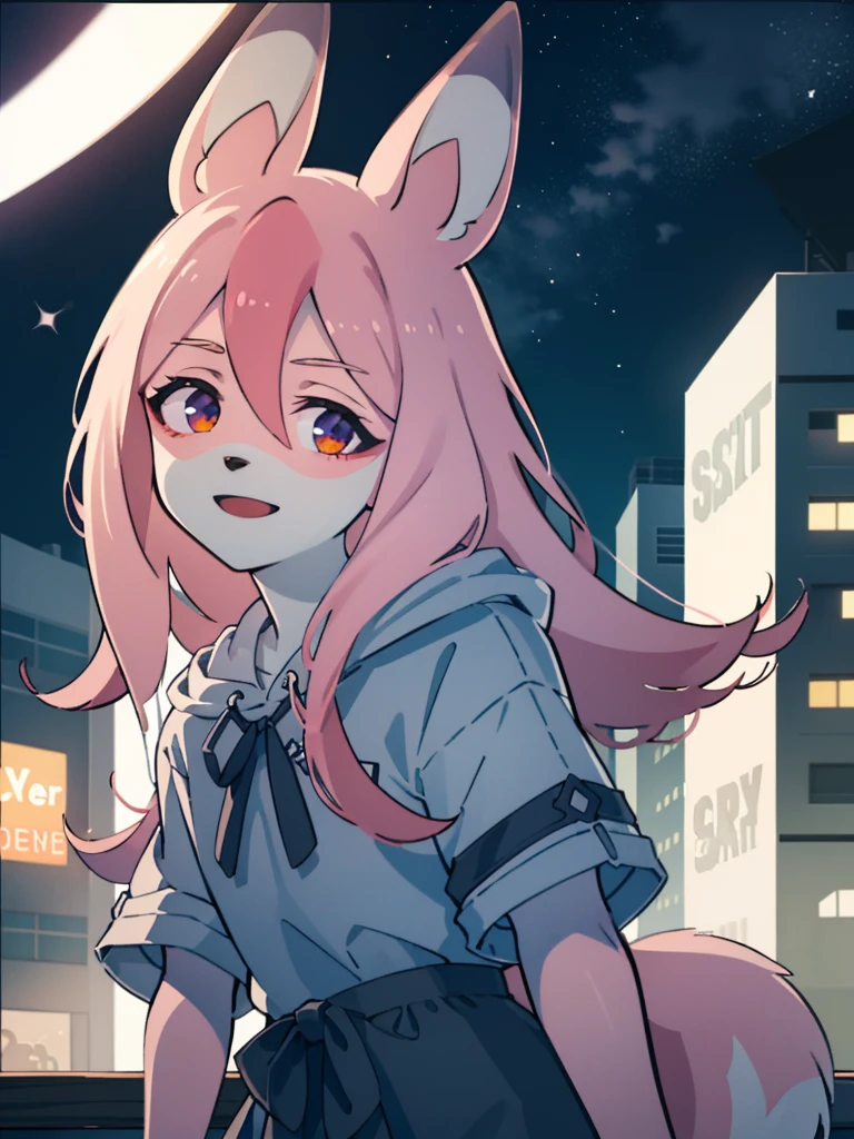 1 girl, fox girl, solo, furry,furry female, nazuna_hiwatashi, pink hair,long hair, red eyes, (animal nose, triangle shaped nose), fox ears, ((bushy tail, tail)), (high quality, best quality, (4k), hi res, masterpiece, beautiful, high details), happy, looking at viewer, night, looking at viewer, detailed eyes, smile, starry sky, city, <lora:NazunaV2:1>
