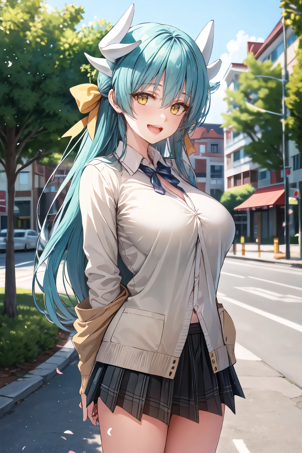 masterpiece, best quality, highres, aakiyo, long hair, aqua hair, white horns, hair bow, yellow bow, yellow eyes, <lora:kiyohime_(lancer)_v1:0.7>, cardigan, plaid skirt, arms behind back, smile, open mouth, petals, outdoors, big breasts <lora:Mx2j-Style_601852:1>