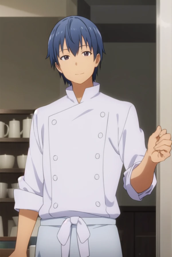 hiroomisouma, <lora:hiroomi souma s2-lora-nochekaiser:1>,
hiroomi souma, (brown eyes:1.3), blue hair, male focus, smile,
BREAK apron, buttons, waist apron, white pants, chef,
BREAK indoors, restaurant,
BREAK looking at viewer, (cowboy shot:1.5),
BREAK <lyco:GoodHands-beta2:1>, (masterpiece:1.2), best quality, high resolution, unity 8k wallpaper, (illustration:0.8), (beautiful detailed eyes:1.6), extremely detailed face, perfect lighting, extremely detailed CG, (perfect hands, perfect anatomy),
