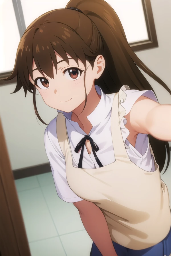 popurataneshima, <lora:popura taneshima s2-lora-nochekaiser:1>,
popura taneshima, long hair, brown hair, (brown eyes:1.5), ponytail, ahoge, smile,
BREAK apron, waitress, short sleeves, skirt, black skirt,
BREAK indoors, restaurant,
BREAK looking at viewer, (cowboy shot:1.5),
BREAK <lyco:GoodHands-beta2:1>, (masterpiece:1.2), best quality, high resolution, unity 8k wallpaper, (illustration:0.8), (beautiful detailed eyes:1.6), extremely detailed face, perfect lighting, extremely detailed CG, (perfect hands, perfect anatomy),