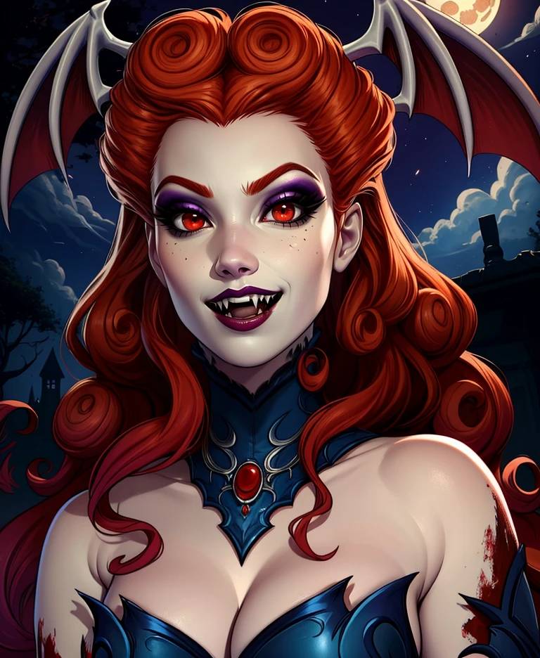 Lillith,long red curly hair,pale skin,lips,red eyes,makeup,smiling,close up,fangs,open mouth,
head wings,detached sleeves,bare shoulders,cleavage,dress,jewelry,
nighttime,moonlight,blood fountain,
standing,upper body,
(insanely detailed, beautiful detailed face, masterpiece, best quality),<lora:Lillith-10PDv8:0.8>,