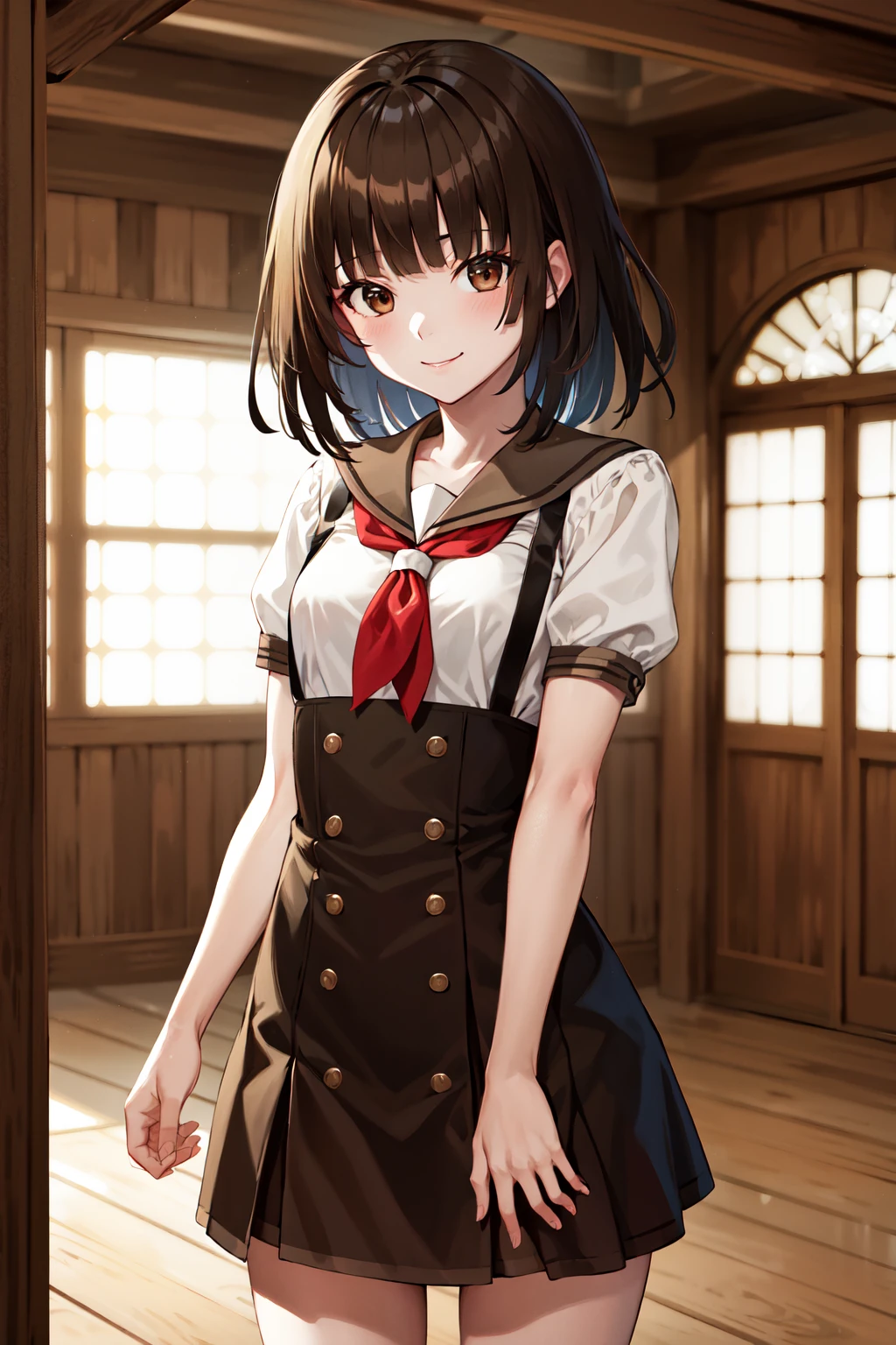 masterpiece, best quality, highres, aanadeko, short hair, brown hair, blunt bangs, brown eyes, school uniform, sailor collar, red neckerchief, short sleeves, suspenders, brown skirt, <lora:sengoku_nadeko_v1:0.8>, standing, cowboy shot, indoors, smile,