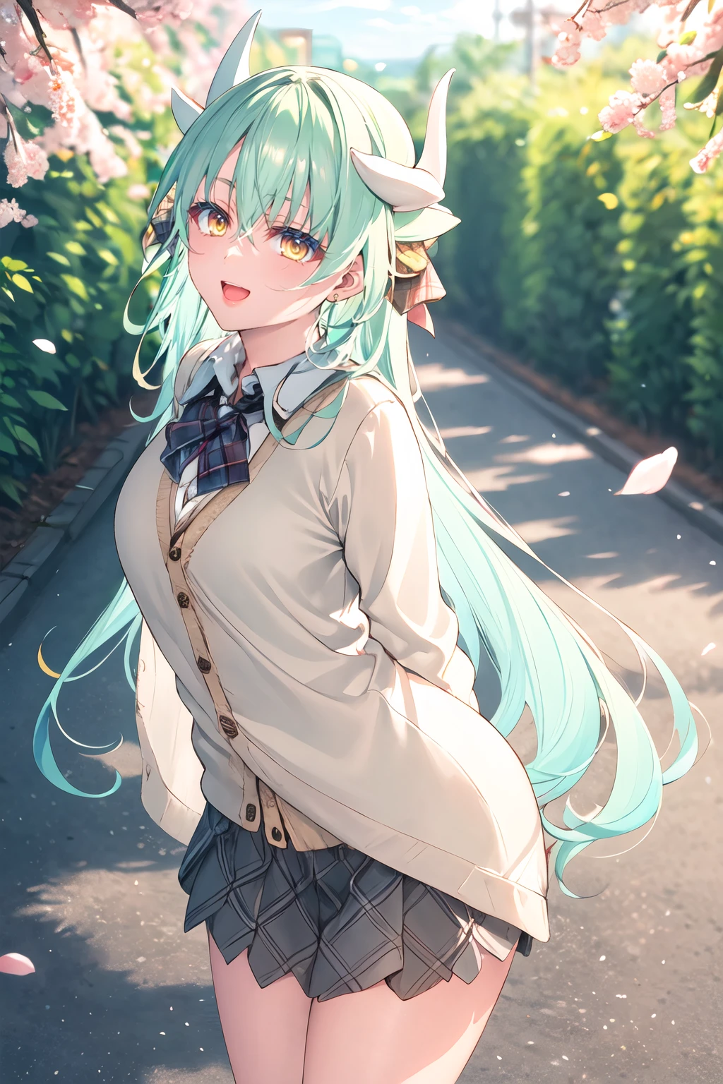 masterpiece, best quality, highres, aakiyo, long hair, aqua hair, white horns, hair bow, yellow bow, yellow eyes, <lora:kiyohime_(lancer)_v1:0.7>, cardigan, plaid skirt, arms behind back, smile, open mouth, petals, outdoors, big breasts <lora:toosaka-asagi -Style_796448:1>