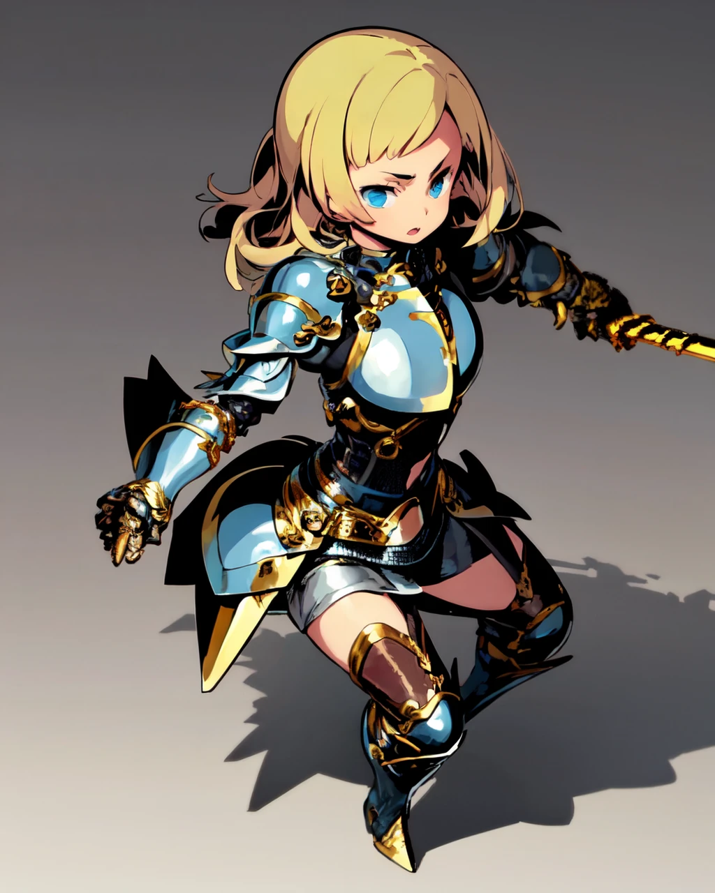 <lora:Himukai_yuuji-NAI-LyCORIS-v2:0.9>
1girl, solo, standing, holding sword, wearing (thigh_boots, pauldrons, leather armor, breastplate, leather armor), short blonde hair, blue eyes, fighting pose