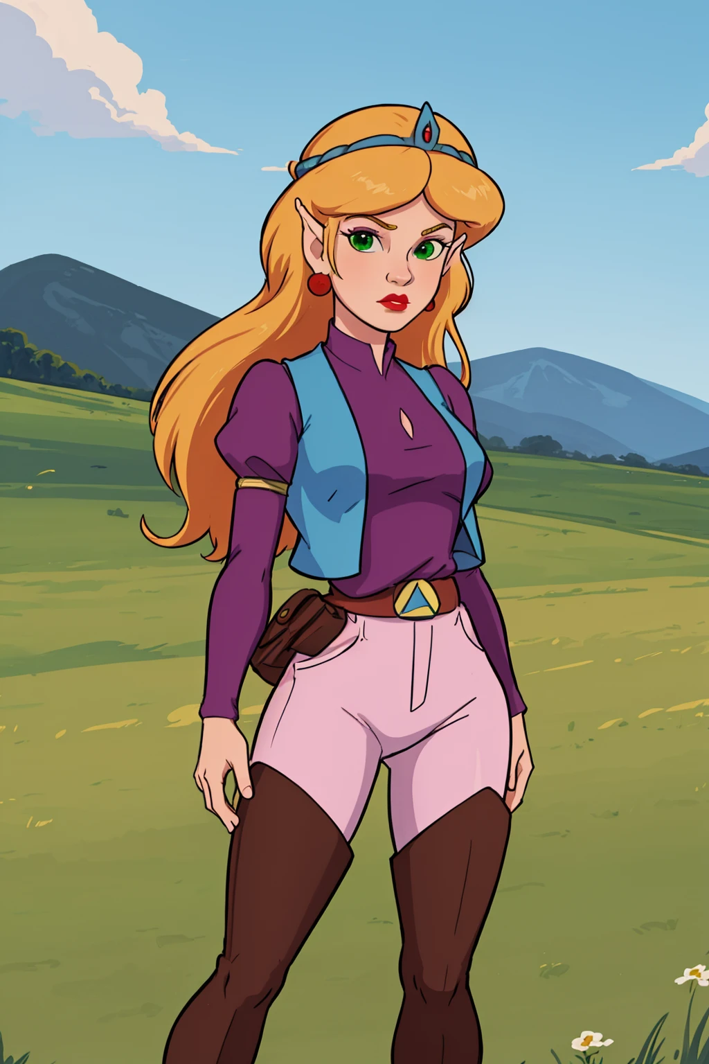 masterpiece, best quality, 1girl, tsmbsszelda, blonde hair, long hair, green eyes, earrings, lipstick, pointy ears, tiara, vest, belt, pink pants, thigh boots, full body, looking at viewer, solo, grass, blue sky, meadow background <lora:Zelda80s:1>