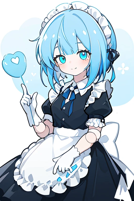 1girl,blue hair,blue eyes,full body,solo,joints,maid,doll joints,apron,smile,gloves,short hair,maid headdress,white gloves,dress,blush,ribbon,short sleeves,black dress,maid apron,closed mouth,bangs,frills,puffy sleeves,puffy short sleeves,white apron,<lora:xiaoyezi_lion-0000010:1>,