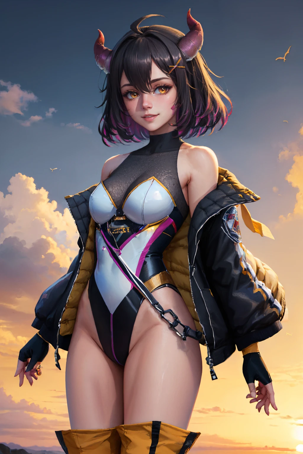 photorealistic, real human skin, 24-year-old girl, lonely, thin white skin, Chanel black hair, soft lips, shiny eyebrows, small breasts, head, eyes and toes directed anteriorly forward, upper limbs next to the body with the palms facing forward, wearing black sports shorts with purple, purple bra with black details and a purple overcoat, flying like a superhero.