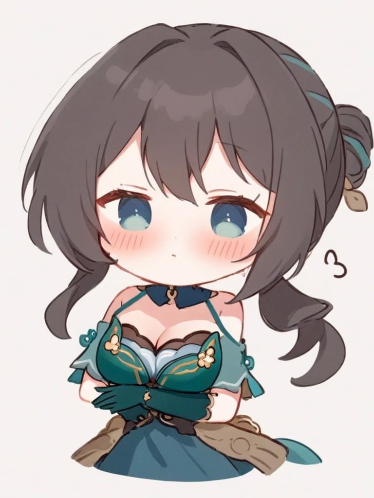 <lora:ruanmei_xl:1>,ruanmei, 1girl, solo, white_background, chibi, signature, parted_lips, simple_background, looking_at_viewer, blush, green_gloves, elbow_gloves, ponytail, cleavage, green_dress, mole