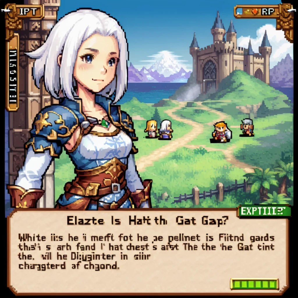 For a gaming-style image, create a classic RPG game scene featuring a detailed dialogue box with character portraits. The setting is vivid and immersive, typical of a fantasy RPG, with a lush, mystical landscape in the background. The character portrait is prominent, placed right next to the dialogue box for easy character identification. The portrait shows a character with expressive features, wearing attire fitting the game's fantasy theme. The dialogue box is styled in an ornate, medieval font, enhancing the RPG feel, and it contains engaging, story-driven text that hints at an epic quest or important decision., <lora:gbaplay_rpg:0.7>, <lora:xl_paimeng girl2:0.8> paimeng girl, Special clothing, white hair