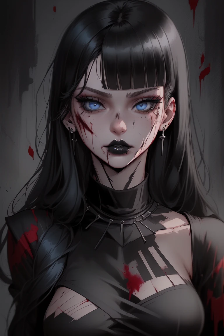 Goth girl 1girl ,1girl, solo, long hair, looking at viewer, black hair, jewelry, closed mouth, black clothes, blunt bangs, lips, blue eyes,blood, (detailed eyes:1.4), piercing, portrait, injury, blood on face, lip piercing ,    <lora:Goth_girl-v16-000002:0.8>