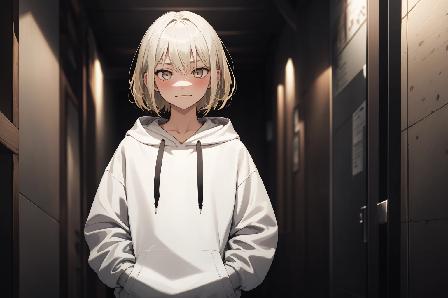 1 girl, Silver white eyes, blonde hair, portrait, cowboy shot, , Ambient lighting, Hoodie, pose, Emotionless eyes, slight grin, shy, hands in pockets,(blush:0.5)