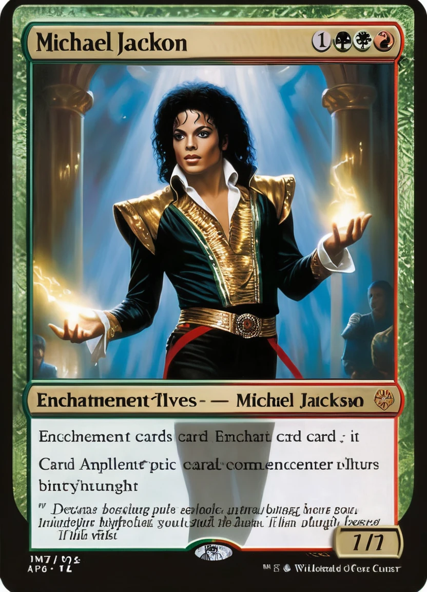 magic the gathering, Enchantment, card, Michael Jackson, cinematic, dramatic ambient light, detailed, sharp focus, intricate, fine detail, polished, complex, still, full color, epic composition, highly coherent, elegant, romantic, divine, surreal, magic, vibrant, deep vivid colors, aesthetic, shiny, determined, extremely, pretty, innocent, smart, cute
<lora:MagicXL-000004:.7>, , <lora:FILM_PHOTOGRAPHY_STYLE:0.25>