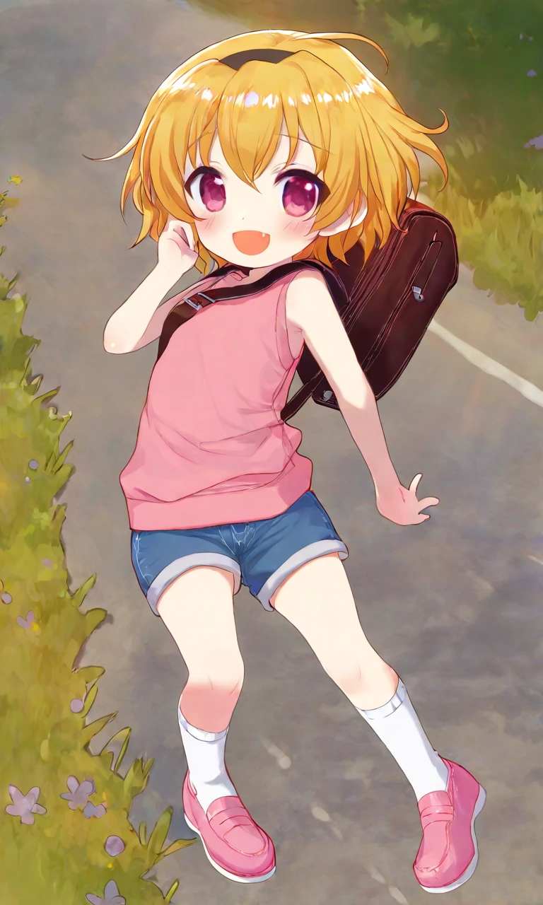 by pumpkinspice, houjou satoko, 1girl, :d, backpack, bag, black headband, blonde hair, blue shorts, chibi, denim, denim shorts, eyebrows hidden by hair, fang, happy, headband, open mouth, outdoors, pink eyes, pink footwear, pink shirt, red bag, shirt, shoes, short hair, shorts, sleeveless, sleeveless shirt, smile, socks, solo, yuunagi ryuuka, <lora:sdxl - Char - Houjou Satoko - Bionagato>