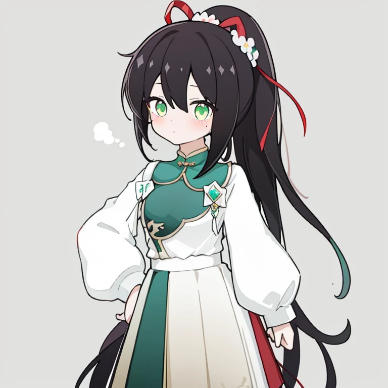 xialuling, 1girl, solo, long hair, green eyes, ponytail, hair ornament, black background, hair flower, long sleeves, looking at viewer, flower, red ribbon, puffy long sleeves, simple background, hand on hip, skirt, ribbon, bangs, black hair, blush, hair ribbon, white flower, closed mouth, hair between eyes, shirt, puffy sleeves, very long hair, <lora:xialuling_lion-0000010:0.8>
