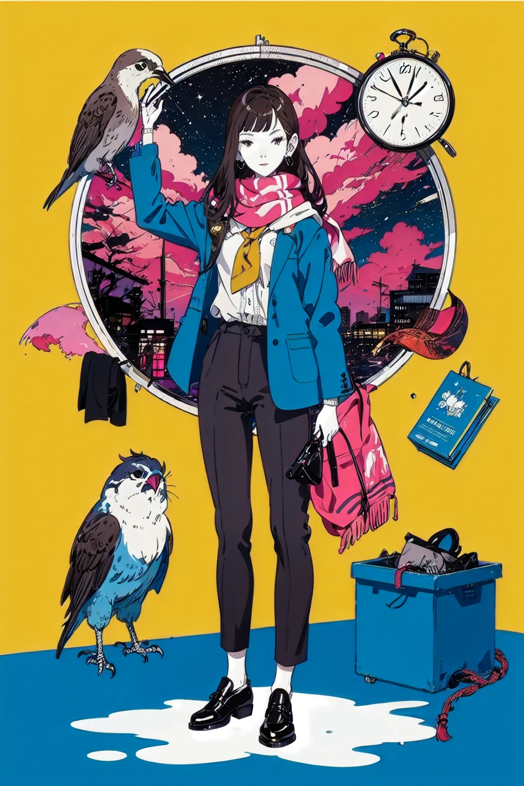 pants,shoes,jacket,white ascot,ascot,shirt,necktie,multiple boys,bangs,fruit,magatama,jewelry,long sleeves,food,brown hair,standing,pointing,apple,closed mouth,sidelocks,formal,suit,open clothes,long hair,earrings,outstretched arm,forehead,whip,book,sun,bug,sparkle,black eyes,open book,green jacket,red jacket,rope,clock,scarf,full body,necklace,gem,smile,arm up,happy,hand up,magatama necklace,open jacket,red background,guitar,piano,mole,butterfly,building,bird,crescent,(simple background:1.2),(looking_at_viewer:1.2),front view,full_shot,solo,<lora:NakamuraV2:1>,, masterpiece,best quality,highres,ultra high res,(abstract art:1.2),2d,(highlydetailed),(colorful),(intenseexpression),(fashionable),