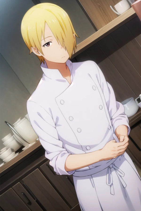 junsatou, <lora:jun satou s2-lora-nochekaiser:1>,
jun satou, blonde hair, male focus, (hair over one eye:1.5), (brown eyes:1.3),
BREAK apron, buttons, kitchen, chef,
BREAK indoors, restaurant,
BREAK looking at viewer, (cowboy shot:1.5),
BREAK <lyco:GoodHands-beta2:1>, (masterpiece:1.2), best quality, high resolution, unity 8k wallpaper, (illustration:0.8), (beautiful detailed eyes:1.6), extremely detailed face, perfect lighting, extremely detailed CG, (perfect hands, perfect anatomy),