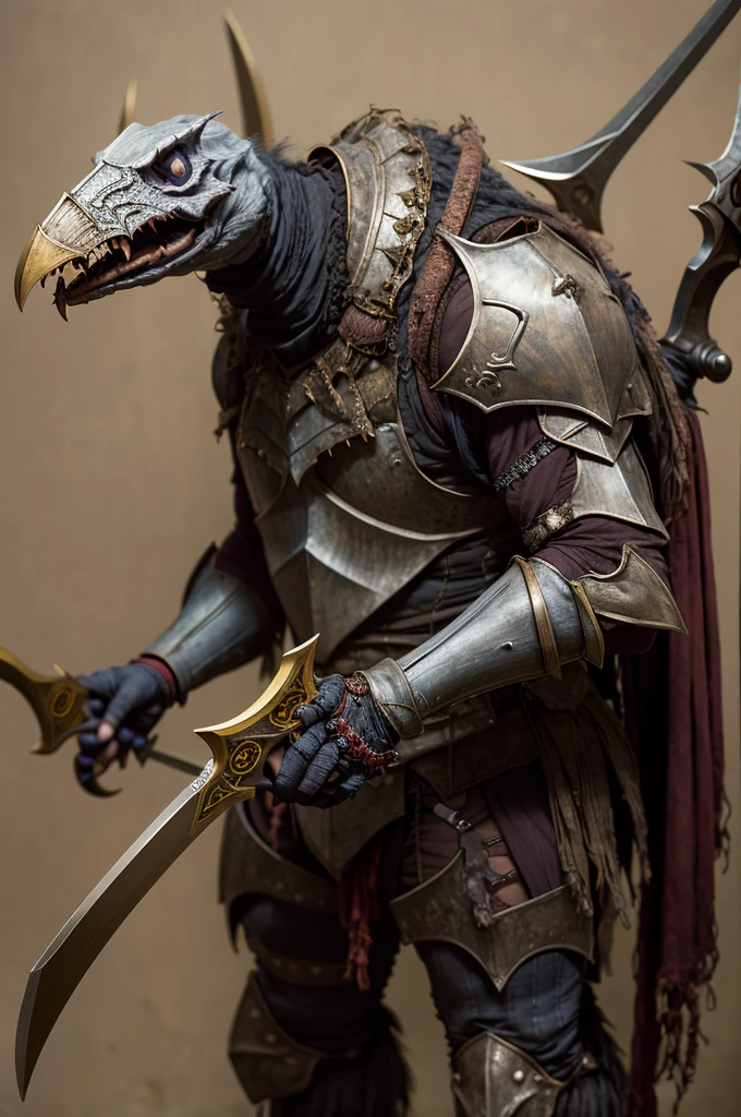 skeksil, a chunky skeksis wearing a bone mask and bone armor holding swords <lora:Skeksis:1>