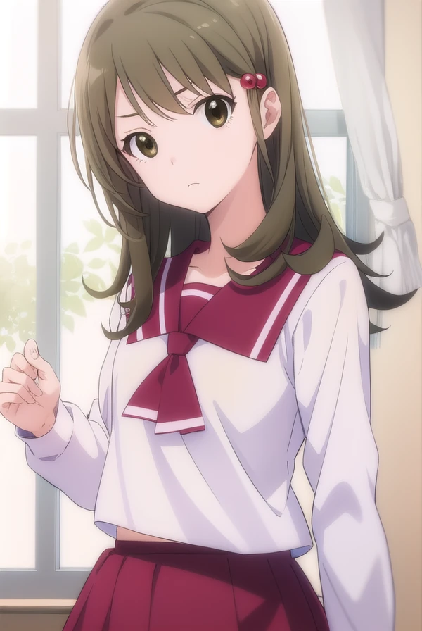 tohkoichiyama, <lora:tohko ichiyama s1-lora-nochekaiser:1>,
tohko ichiyama, long hair, brown hair, hair ornament, (brown eyes:1.5), hair bobbles, anger vein, angry, frown,
BREAK skirt, shirt, long sleeves, school uniform, white shirt, pleated skirt, serafuku, sailor collar, red skirt, pink skirt, red sailor collar,
BREAK indoors, office,
BREAK looking at viewer, (cowboy shot:1.5),
BREAK <lyco:GoodHands-beta2:1>, (masterpiece:1.2), best quality, high resolution, unity 8k wallpaper, (illustration:0.8), (beautiful detailed eyes:1.6), extremely detailed face, perfect lighting, extremely detailed CG, (perfect hands, perfect anatomy),