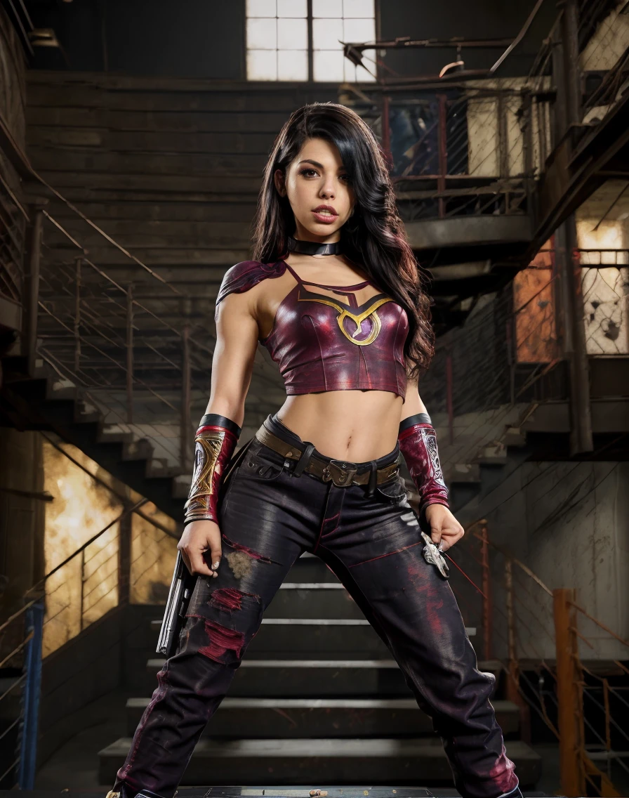 Marvel Cinematic Universe <lora:quiron_GinaValentina_v1_lora:0.87> GinaValentinaQuiron woman Dressed in the (style of Classical Blacksmith tattered outfit Glamorous Burgundy Jeans and t-shirt with Sniper rifle) (with Endless Staircase in the background ), Balancing, pretending to walk on a tightrope, . Superheroes, epic battles, colorful, highly detailed