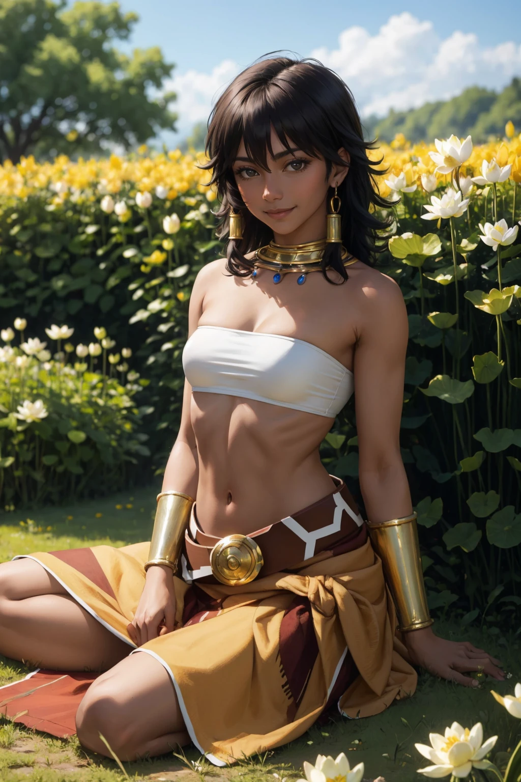 masterpiece, best quality, <lora:tiona-nvwls-v1-000009:0.9> tiona hiryute, dark skin, necklace, white bandeau, belt, sarong, bracer, cowboy shot, sitting, on ground, flower wreath, lotus position, smile, anklet, field, garden