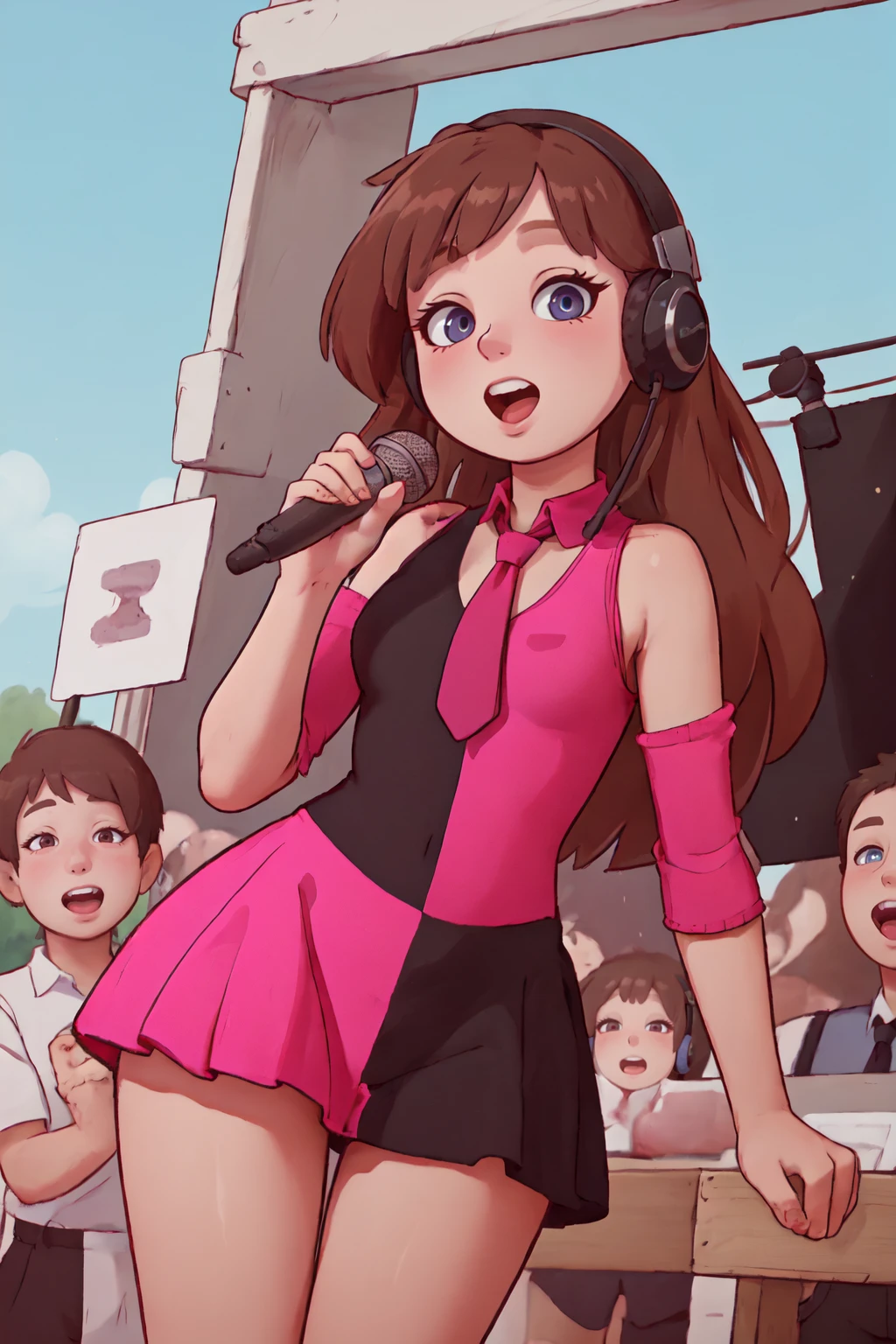 (Masterpiece:1.4), (high quality:1.2), (best quality:1.2), 1girl, solo, <lora:TwoToneBlackPinkDress_v1:0.8>, standing, looking at viewer, hands on hips, tw0t0nebl4ckp1nkdr3ss, dress, skirt, singing, music, stage, skirt, detached sleeves, long necktie, headset, microphone, happy, outdoors, crowd, wide angle