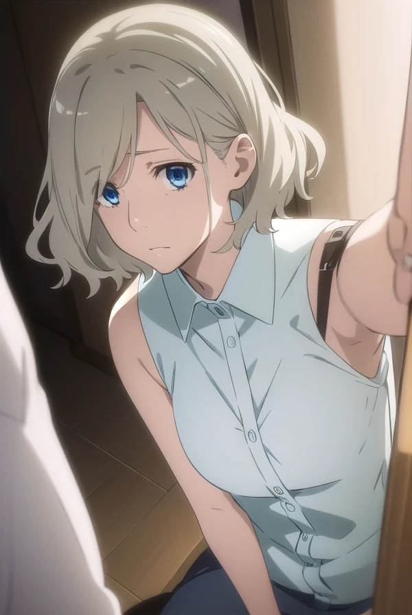 irenehonma, <lora:irene honma s1-lora-nochekaiser:1>,
irene honma, short hair, blue eyes, grey hair,
BREAK shirt, bare shoulders, sleeveless, sleeveless shirt,
BREAK indoors,
BREAK looking at viewer, (cowboy shot:1.5),
BREAK <lyco:GoodHands-beta2:1>, (masterpiece:1.2), best quality, high resolution, unity 8k wallpaper, (illustration:0.8), (beautiful detailed eyes:1.6), extremely detailed face, perfect lighting, extremely detailed CG, (perfect hands, perfect anatomy),