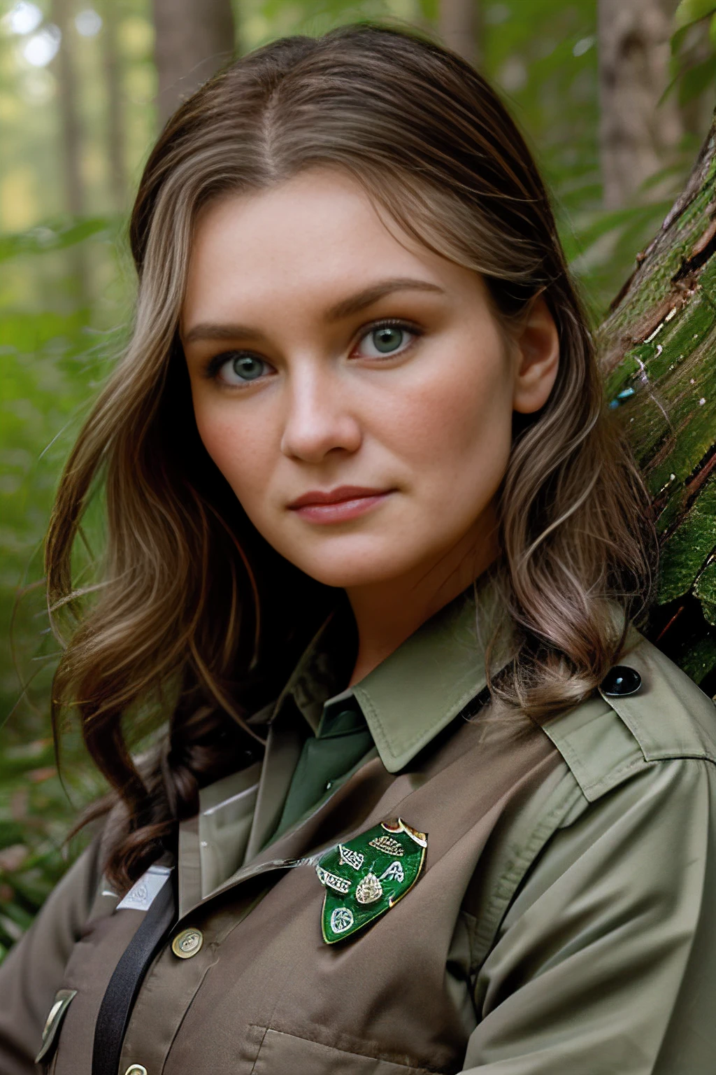 a professional photograph of beautiful 25 year old (4nn4D31v3y woman),as a forest ranger,wearing a (fern green) ranger uniform,(holding a baby raccoon:1.1),(sitting on a fallen tree log:1.2),along a hiking trail,in a pine forest,(deer walking behind:1.1),(light streaking through the trees:1.2),babbling brook cascading by,perfect hair,(upper body),(medium closeup shot),nature magazine photoshoot,sharp focus,detailed eyes,(highly detailed),(HDR),(8k wallpaper),intricately detailed,high contrast,highres,absurdres,hyper realistic,8K UHD DSLR,Fujifilm XT3,taken with (Canon EOS 1Ds camera),extremely intricate,dramatic,(looking at viewer),4k textures,elegant,hyperdetailed,<lora:4nn4D31v3y_17A-000003:1.0>,