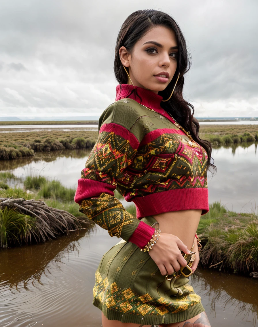 concept art cinematic photo <lora:quiron_GinaValentina_v1_lora:0.87> GinaValentinaQuiron woman Dressed in the (style of Pop culture Ranger jewelry Glamorous Olive Fair Isle sweater) (with Misty Marshlands in the background ), Walking in a strutting pose, . 35mm photograph, film, bokeh, professional, 4k, highly detailed . digital artwork, illustrative, painterly, matte painting, highly detailed