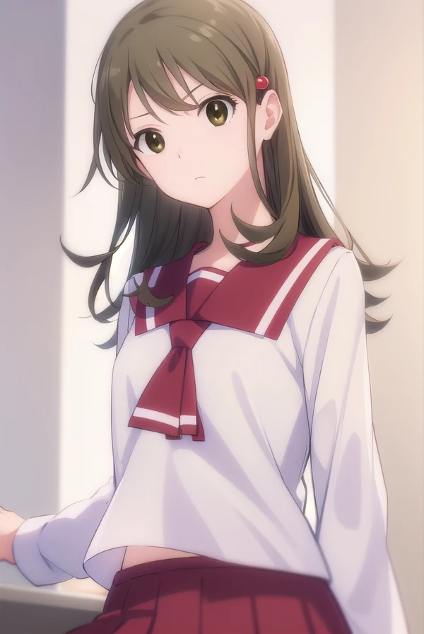 tohkoichiyama, <lora:tohko ichiyama s1-lora-nochekaiser:1>,
tohko ichiyama, long hair, brown hair, hair ornament, (brown eyes:1.5), hair bobbles, anger vein, angry, frown,
BREAK skirt, shirt, long sleeves, school uniform, white shirt, pleated skirt, serafuku, sailor collar, red skirt, pink skirt, red sailor collar,
BREAK indoors, office,
BREAK looking at viewer, (cowboy shot:1.5),
BREAK <lyco:GoodHands-beta2:1>, (masterpiece:1.2), best quality, high resolution, unity 8k wallpaper, (illustration:0.8), (beautiful detailed eyes:1.6), extremely detailed face, perfect lighting, extremely detailed CG, (perfect hands, perfect anatomy),